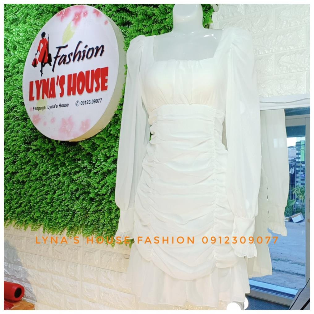 Đầm Nữ Váy Trắng Đuôi Cá Dự Tiệc Cưới 🌺 FREESHIP 🌺 Đầm Tay Dài Cổ Vuông Thắt Nơ Lưng Nhún Bèo - LH119  ྇