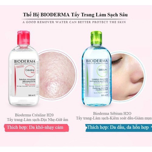 Nước Tẩy Trang Bioderma H2O Créaline Hồng / Sébium Xanh 100ml - 500ml Pháp chính hãng