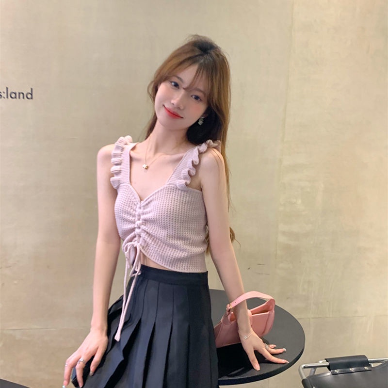 COZOK Áo Tank Top Dệt Kim Sát Nách Cổ Chữ V Phối Dây Rút Gợi Cảm