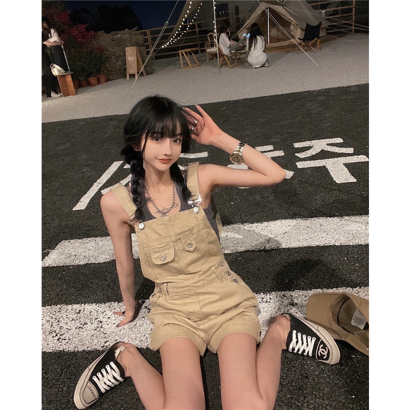 Quần Yếm denim Ngắn Ống Rộng Lưng Cao Thời Trang Mùa Hè Cho Nữ