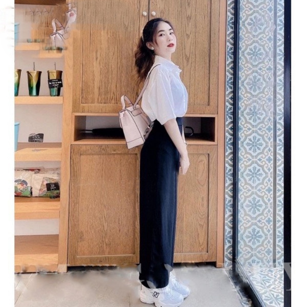 Quần tây ống rộng đi học khóa sườn nữ cạp lưng cao dáng quần vải ống rộng nữ suông dài dày đen học sinh đi học công sở