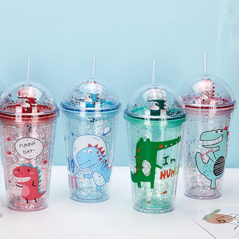 KUNHEV Bình Nước 450ml Hình Khủng Long Dễ Thương Có Thể Tái Sử Dụng Kèm Ống Hú