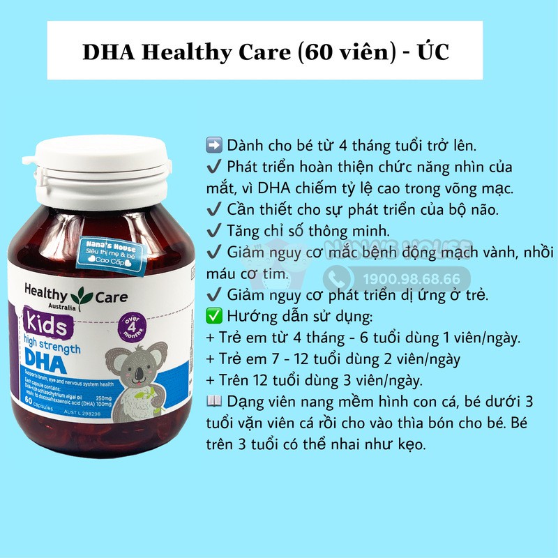 Viên uống DHA (60v) bổ sung omega-3 cho trí não bé từ 4 tháng tuối Healthy Care Kids High Strength DHA, Úc