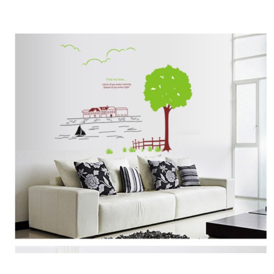 Decal trang trí cây xanh lớn và dòng sông mẫu mới