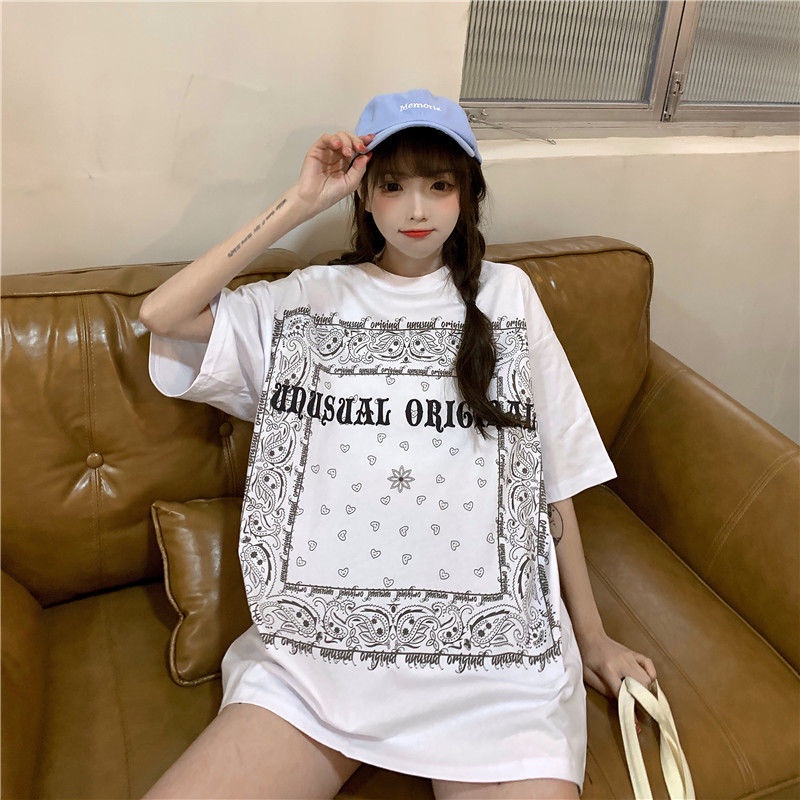 Happy-store  Áo Thun Tay Ngắn Cổ Tròn Dáng Rộng In Họa Tiết Thời Trang Mùa Hè Hàn Quốc Cho Nữ