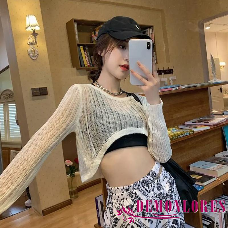 Áo Croptop Dệt Kim Tay Dài Cổ Tròn Màu Trơn Phong Cách Hàn Quốc Thời Trang Mùa Hè Cho Nữ