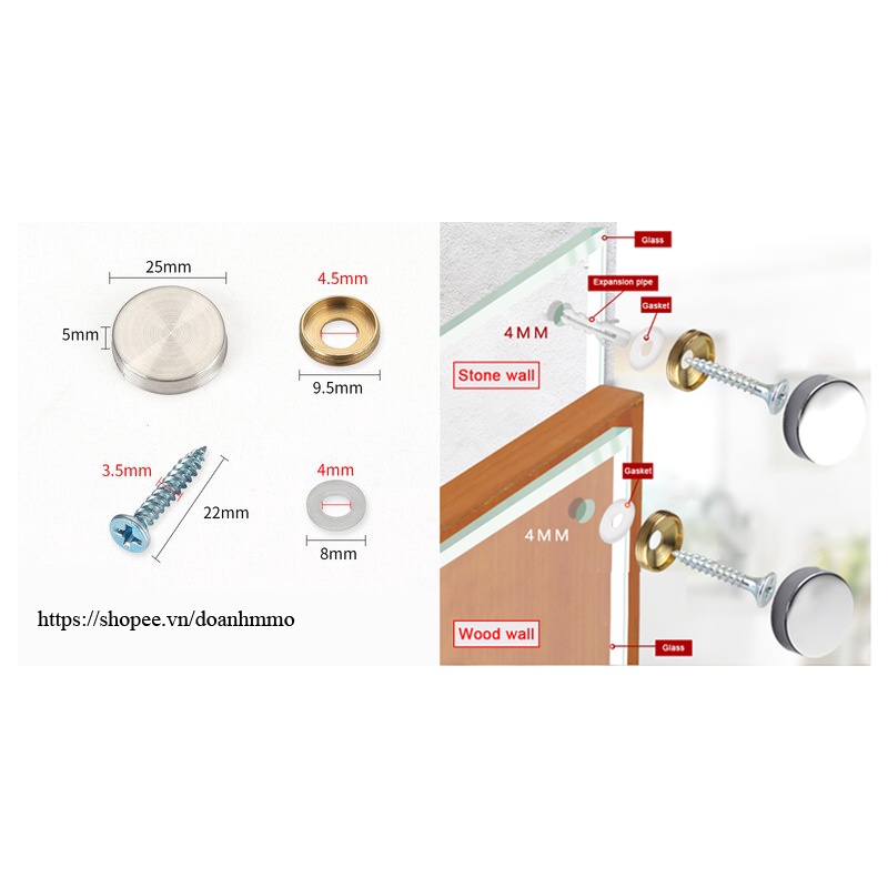 SET 4/8/12 chiếc chụp Vít Inox  size 25mm Ren Đồng