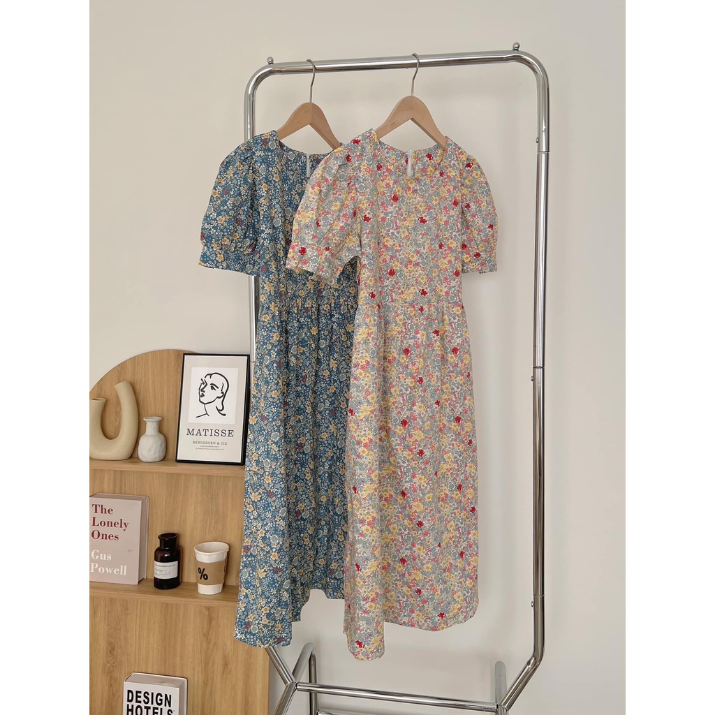 Đầm babydoll hoa nhí có dây buộc eo tay phồng ulzzang  - V14FG