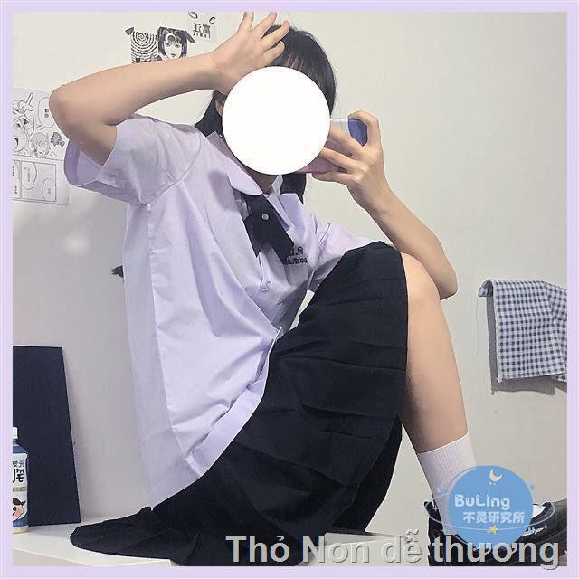 ♚Đồng phục học sinh kiểu Thái Lan hai mảnh màu oải hương JK áo sơ mi thêu rời + váy xếp ly đen thời trang [vận chu