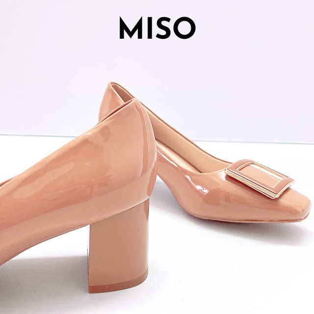 Giày cao gót công sở nữ basic da bóng mũi vuông trendy gót trụ phối khoá 7cm MISO M014