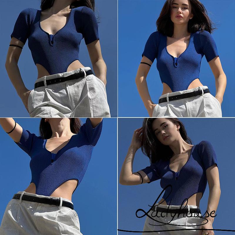 Áo Liền Quần Ngắn Tay Cổ Chữ V Màu Trơn Dáng Ôm Gợi Cảm Cho Nữ