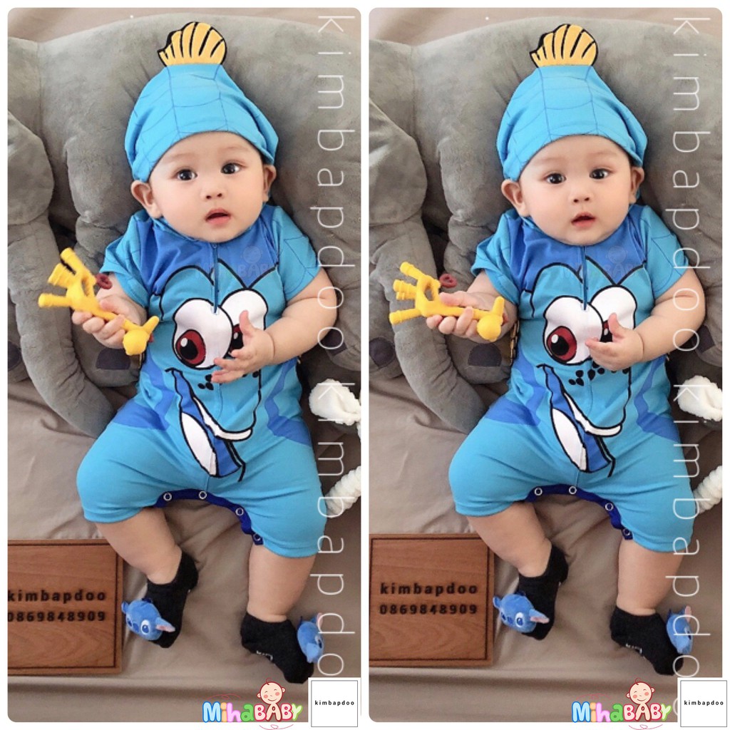 Bộ Bodysuit Đùi Liền Nón Dây Kéo Cao Cấp Hình Cá Dory Nemo Cho Bé - BDSDUILIENNON_DORY