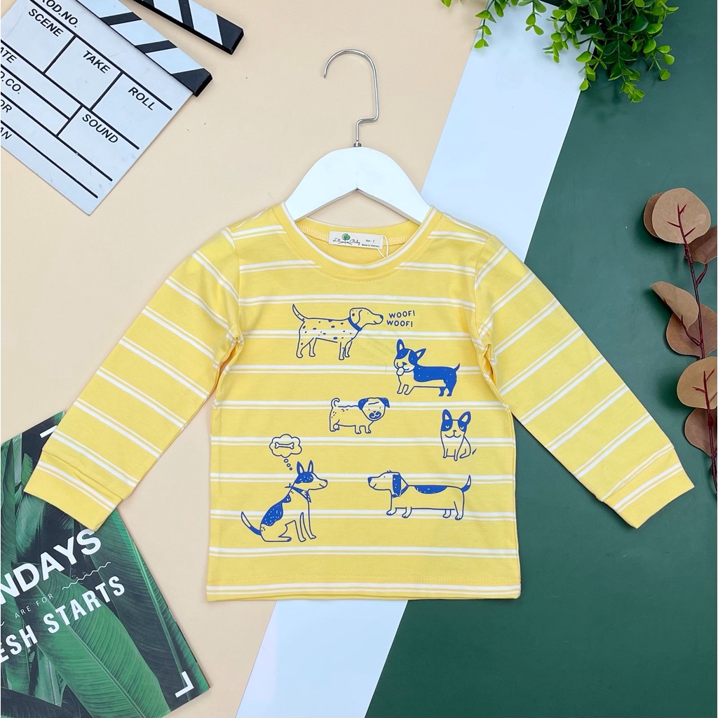 Áo cotton thu đông dài tay kẻ in hình bé trai size 1-10, cho bạn 10-30kg. Chất cotton mềm mại, hình in đẹp, dễ phối đồ