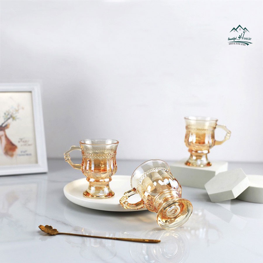 Ly Thuỷ Tinh Vintage Độc Lạ, Dễ Thương Phong Cách Châu Âu, Uống Trà, Cà Phê- Có Quai C06