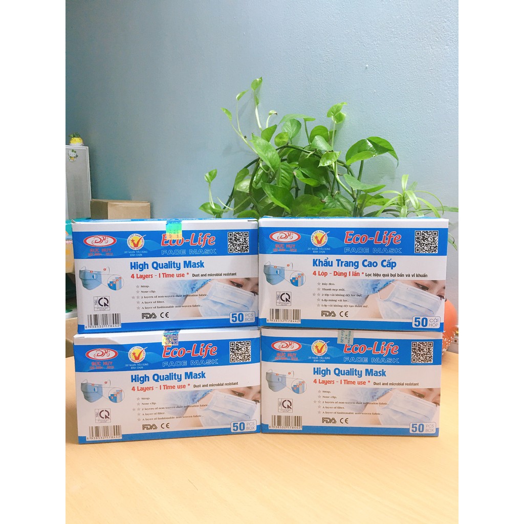 Khẩu trang y tế 4 lớp Eco- Life giấy lọc kháng khuẩn- hộp 50 cái- tân bình