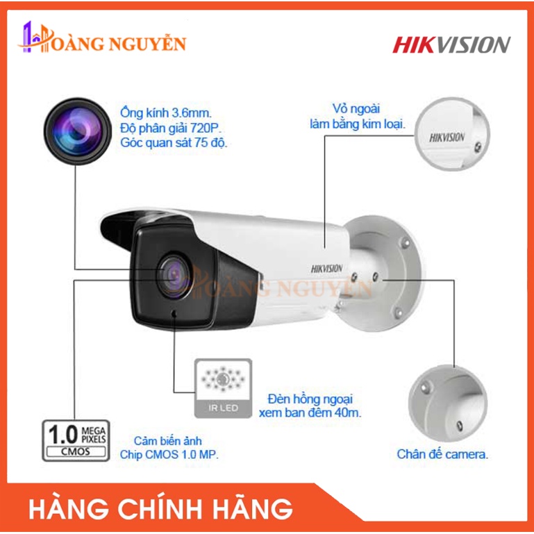 [NHÀ PHÂN PHỐI] Camera HIKVISION DS-2CE16C0T-IT3 ( Thân, 1.0Mpx, hồng ngoại 40m, vỏ kim loại )