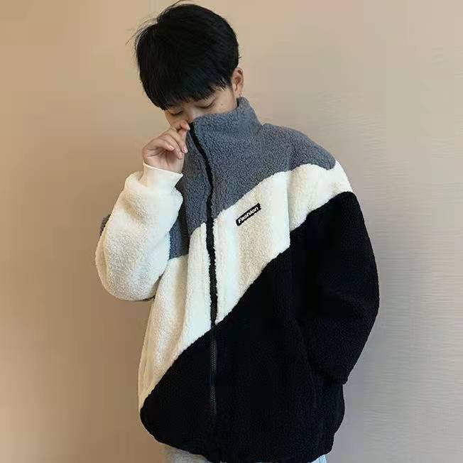 Áo khoác cotton len lông cừu dáng rộng cổ cao phối ba màu thời trang cho nam và nữ