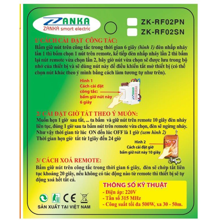 Hạt công tắc điều khiển từ xa Zanka ZK RF02PN