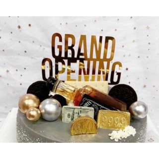 Que cắm topper mica Grand Opening in hoa vàng