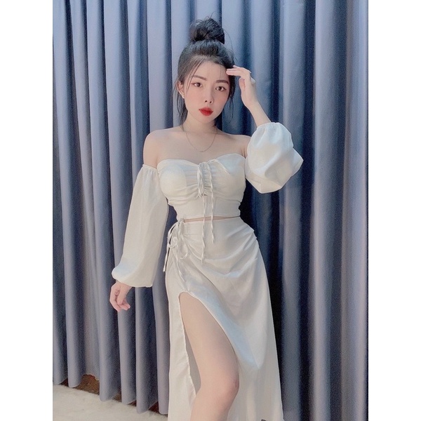 SET CÚP TAY PHỒNG CHÂN VÁY XẺ SEXY SATIN NHUNG HÌNH THẬT KÈM CLIP | BigBuy360 - bigbuy360.vn