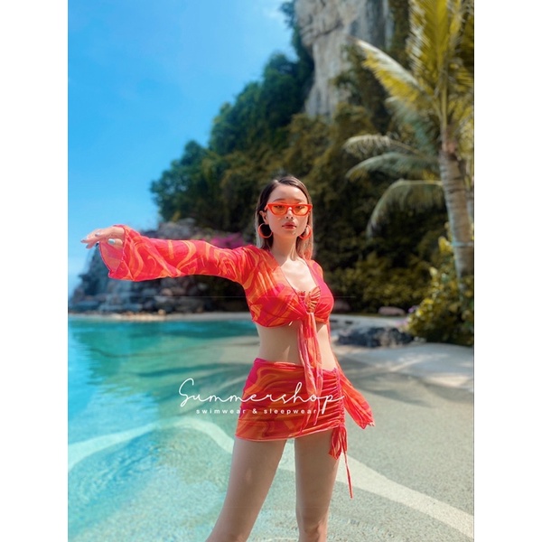 BIKINI Set 4 chi tiết 2 mảnh quây kèm áo dài tay và váy zip rút