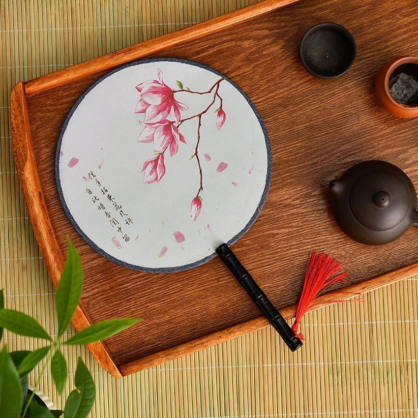 Quạt tròn cổ phong dây tuyến cán đen cổ trang quà tặng trang trí mẫu 2