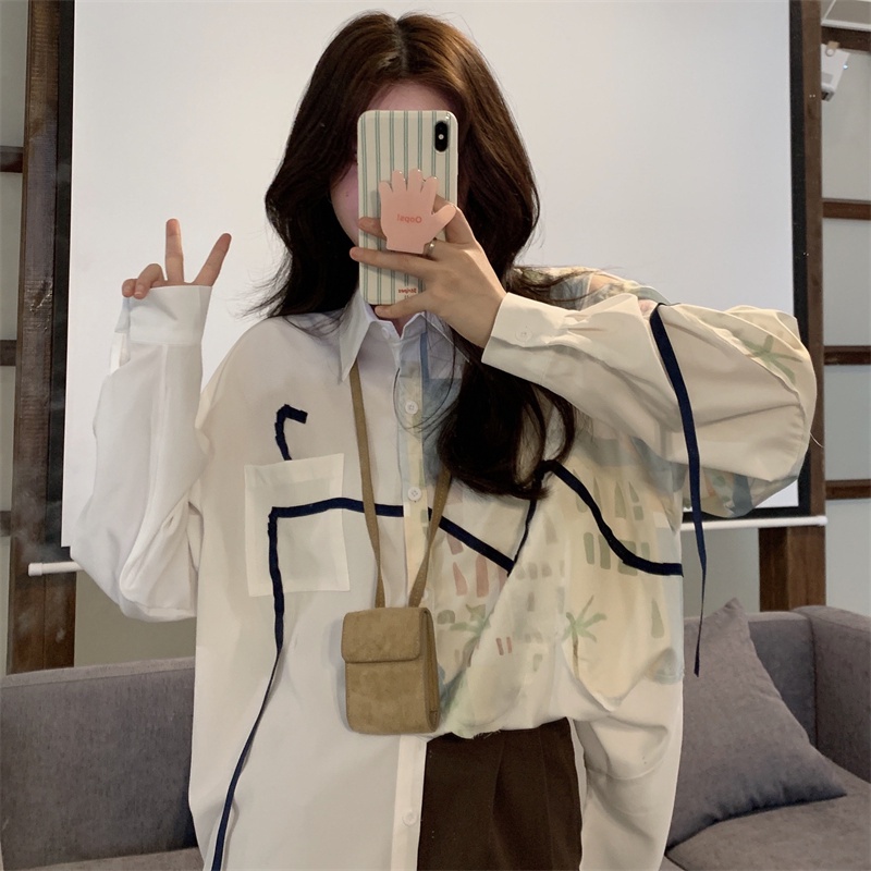 Áo sơ mi ZHELIHANGFEI dài tay dáng rộng họa tiết độc đáo thời trang dành cho nữ