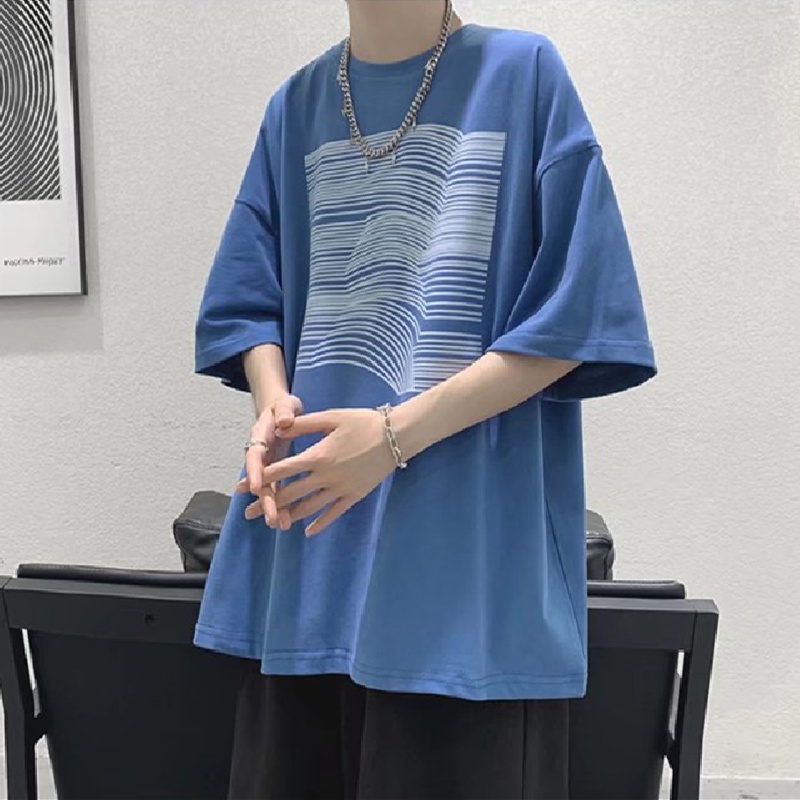 Áo Thun Tay Ngắn Dáng Rộng In Họa Tiết Kẻ Sọc Phong Cách Hip Hop Hàn Quốc Thời Trang Cho Nam