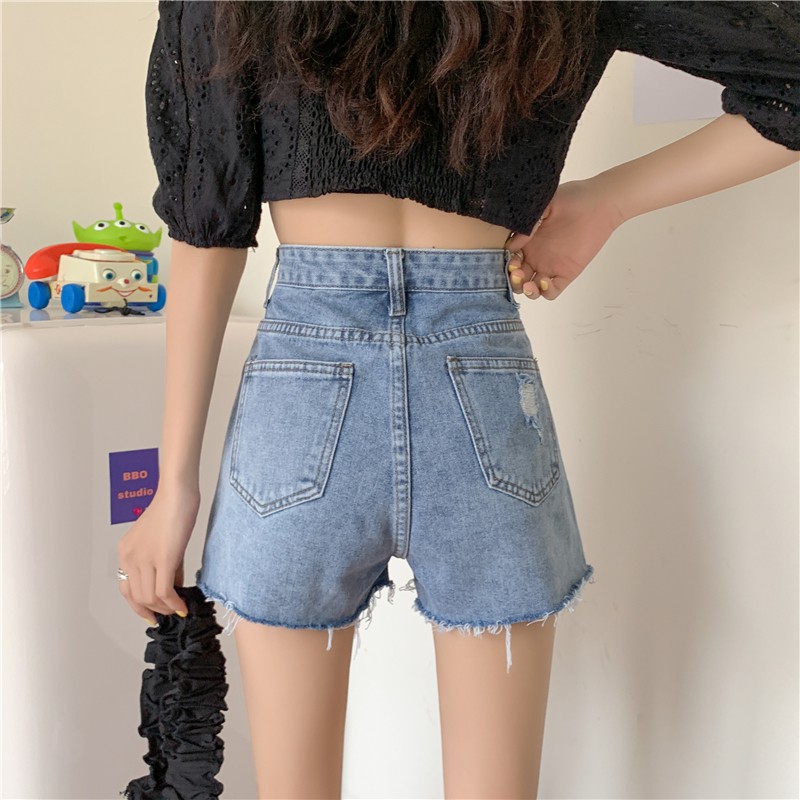 Xiaozhainv Quần Short Denim Lưng Cao Ống Rộng Phối Rách Cá Tính Theo Phong Cách Hàn Quốc