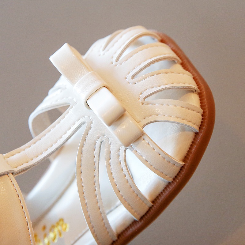 Sandal quai dán đính nơ màu trơn thời trang cho bé gái 1-8 tuổi