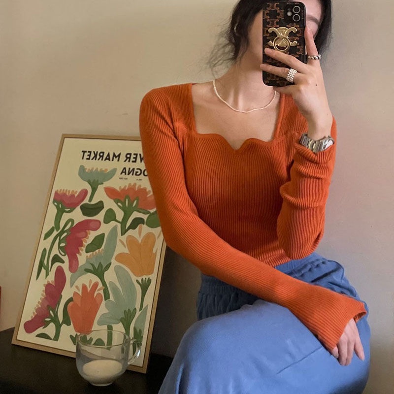 Áo dệt kim cổ vuông phối ren phong cách Hàn Quốc ngọt ngào mới