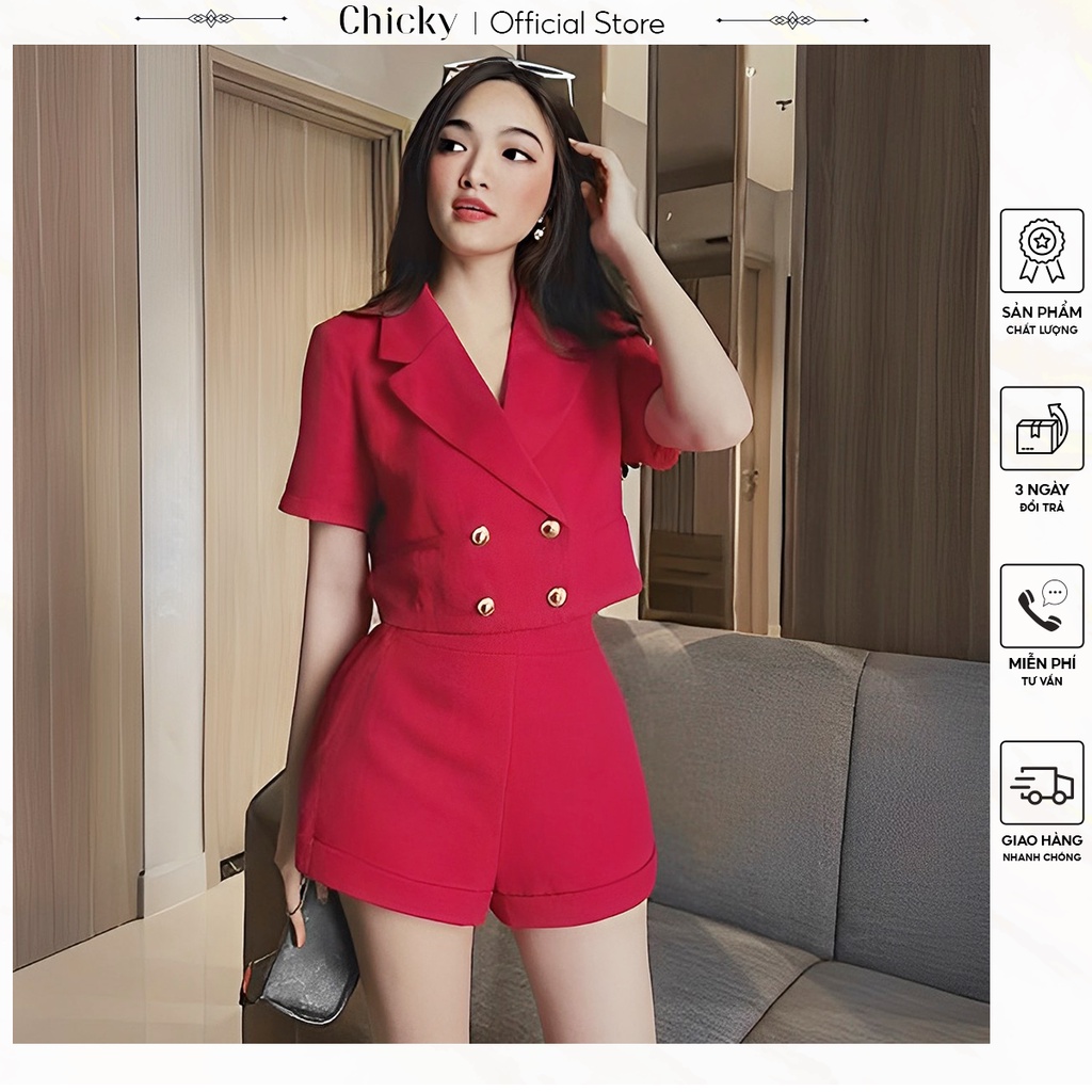 set áo quần nữ áp crotop tay ngắn cổ vet phối với nút xinh cùng với quần đùi