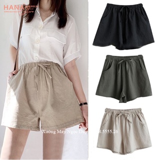 Quần đùi nữ mặc nhà ống rộng lưng cao cạp chun có lơ túi dáng quần short lưng thun đi biển vải đũi mềm thoáng mát mùa hè