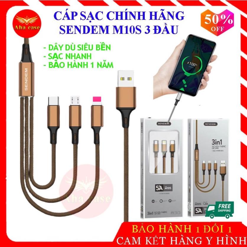 Cáp sạc 3 chân dây dù chính hãng Sendem M10s, Sạc 3 điện thoại 1 lúc 3in1 sạc nhanh, bảo hành 1 năm