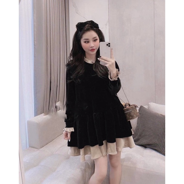 VÁY NHUNG PHỐI BÈO DÁNG SUÔNG