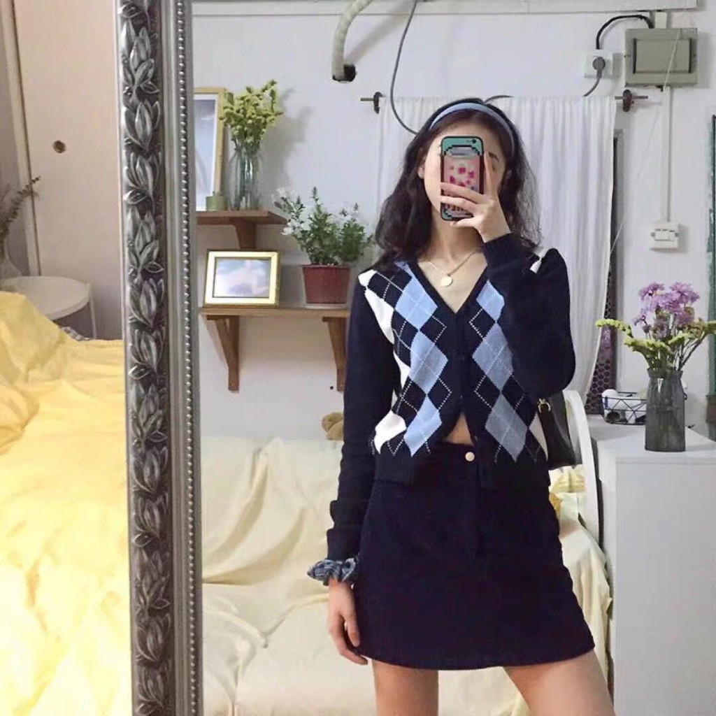 Blackpink jennie Áo Khoác Cardigan Dệt Kim Kẻ Sọc Caro Trẻ Trung Thời Trang Cho Phụ Nữ