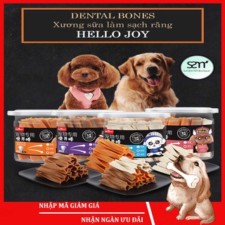 Xương gặm sạch răng Hello Joy mix 3 vị (Bò/cá/sữa) (220gr/hộp) Bánh thưởng cho chó mèo thú cưng