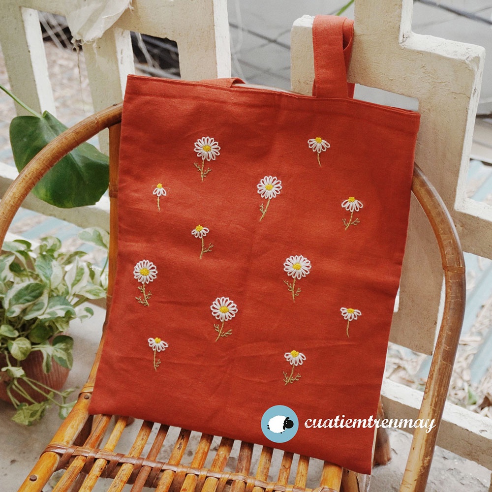 Túi tote vải linen đeo vai handmade thêu tay