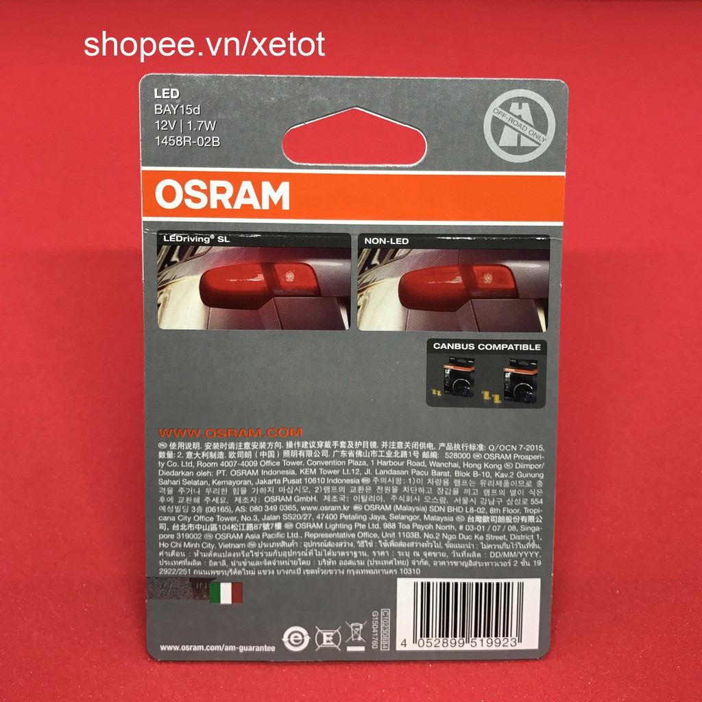 Bóng đèn hậu LED chân P21/5W màu đỏ Osram, đèn lái (demi + phanh) siêu sáng và tiết kiệm điện cho ô tô xe máy