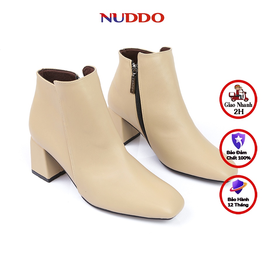 Giày boot nữ cao cấp NUDDO dáng bốt cổ ngắn mũi vuông gót vuông 5 phân da mềm phong cách thời trang bốt công sở NBO5