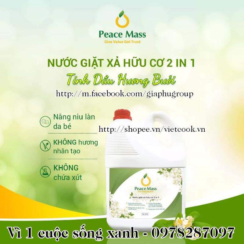 [Sp hữu cơ chính hãng] Nước giặt xả hữu cơ 2 in 1 Peace Mass tinh dầu hương Bưởi không chưa SÚT không hương nhân tạo