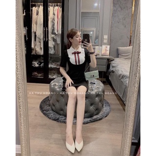 Váy phối cổ yếm li nơ( Hàng cao cấp + Ảnh thật + video)