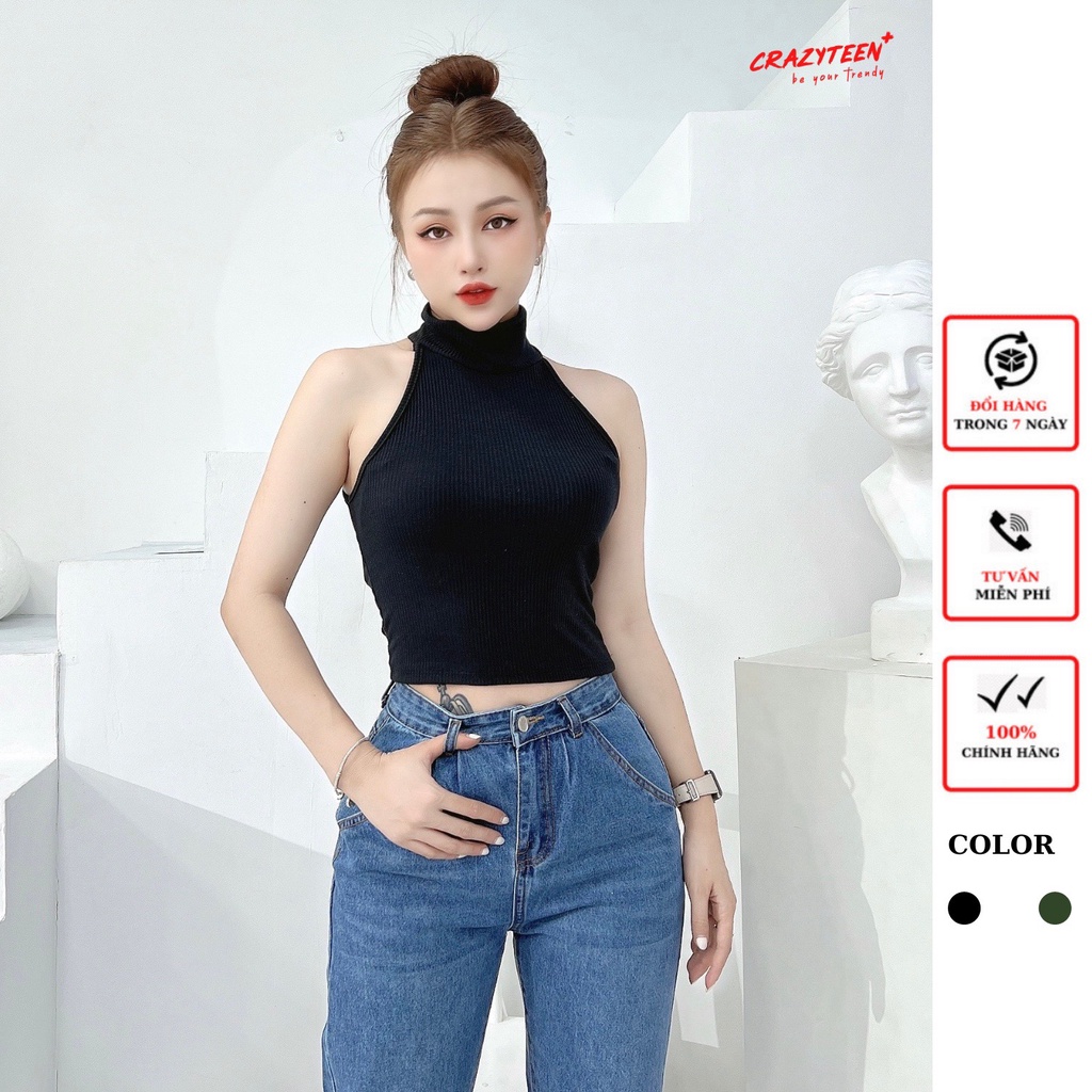 Áo croptop nữ trơn CRAZYTEEN sát nách cổ lọ co giãn AT0312