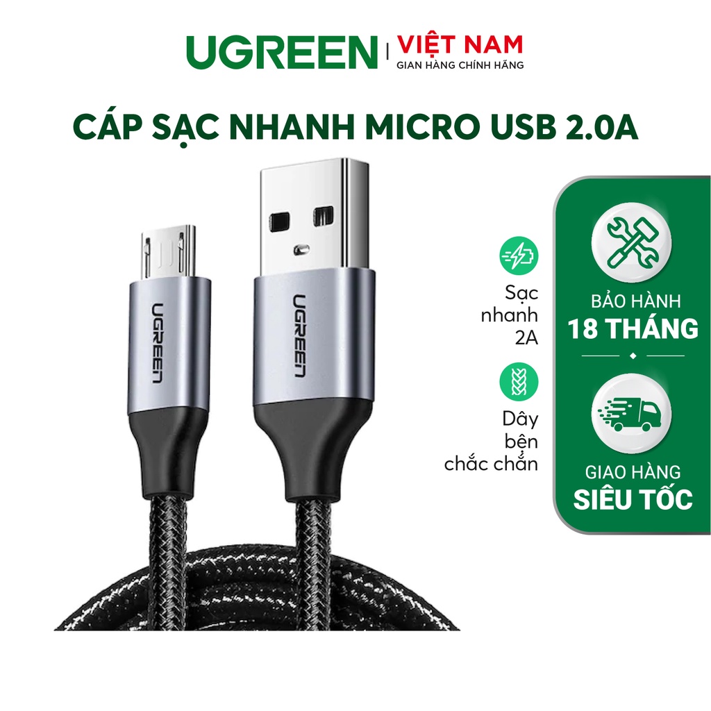 Cáp sạc nhanh Micro USB 2.0A UGREEN US290 độ dài từ 0.25m đến 2m, vỏ sợi bện siêu bền