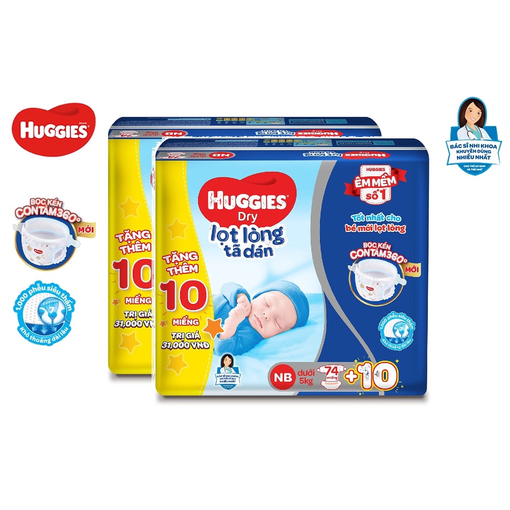 [Cộng Miếng]Combo 2 Bịch Tã Dán Sơ Sinh Huggies NB74 +10 Miếng &lt; 5kg (mẫu mới)