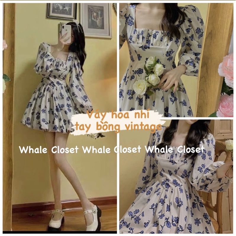 -Đầm váy hoa xanh cổ vuông tay bồng dáng bí siêu vintage nàng thơ