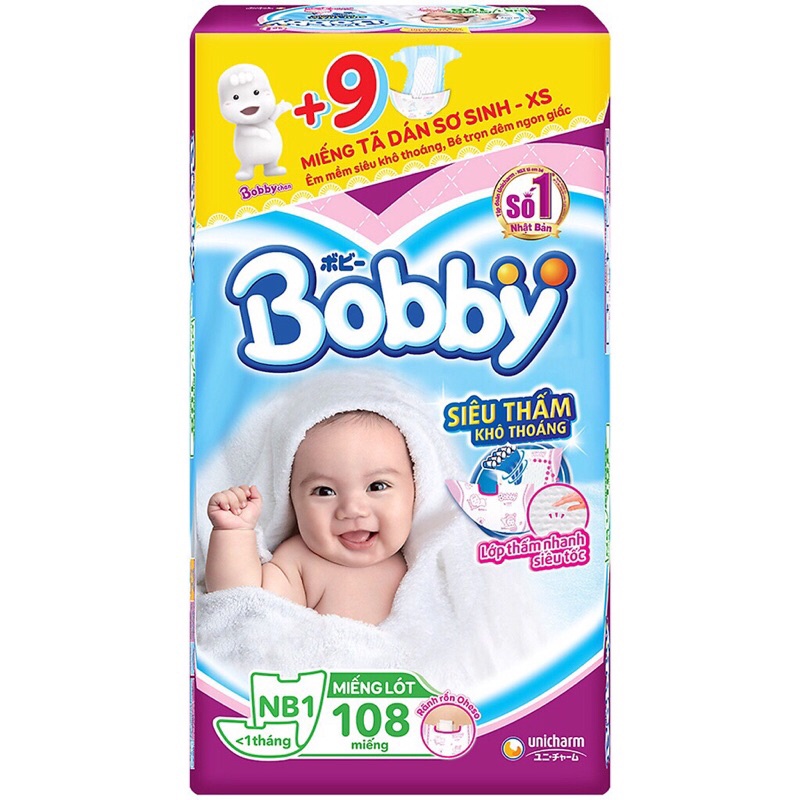 Miếng lót sơ sinh Bobby NB1 108 miếng tặng 9m tả dán sơ sinh