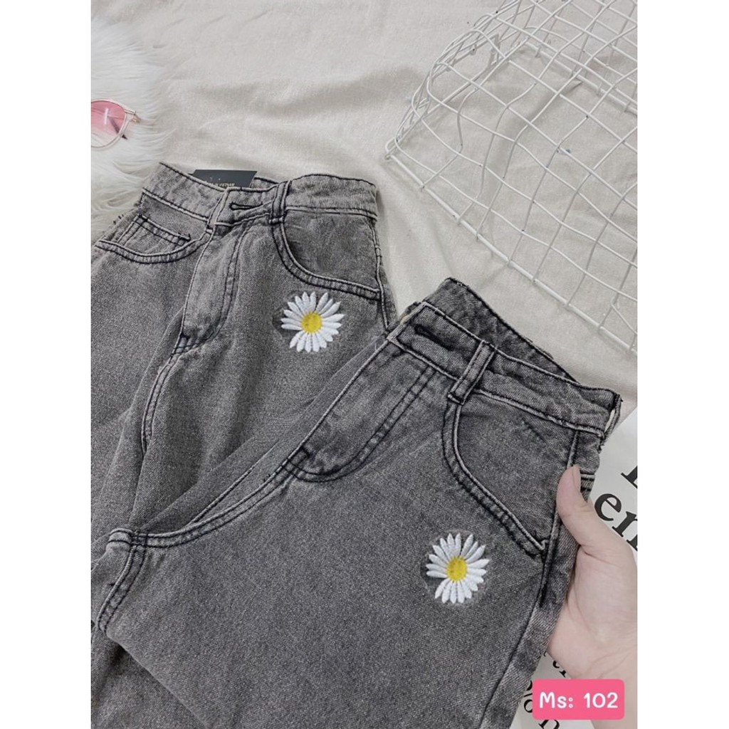 [Mã WASTMAY giảm 15% tối đa 30K đơn 150K] Quần jean nữ ống rộng thêu hoa cúc - Quần jean ống rộng phong cách Hàn Quốc | BigBuy360 - bigbuy360.vn