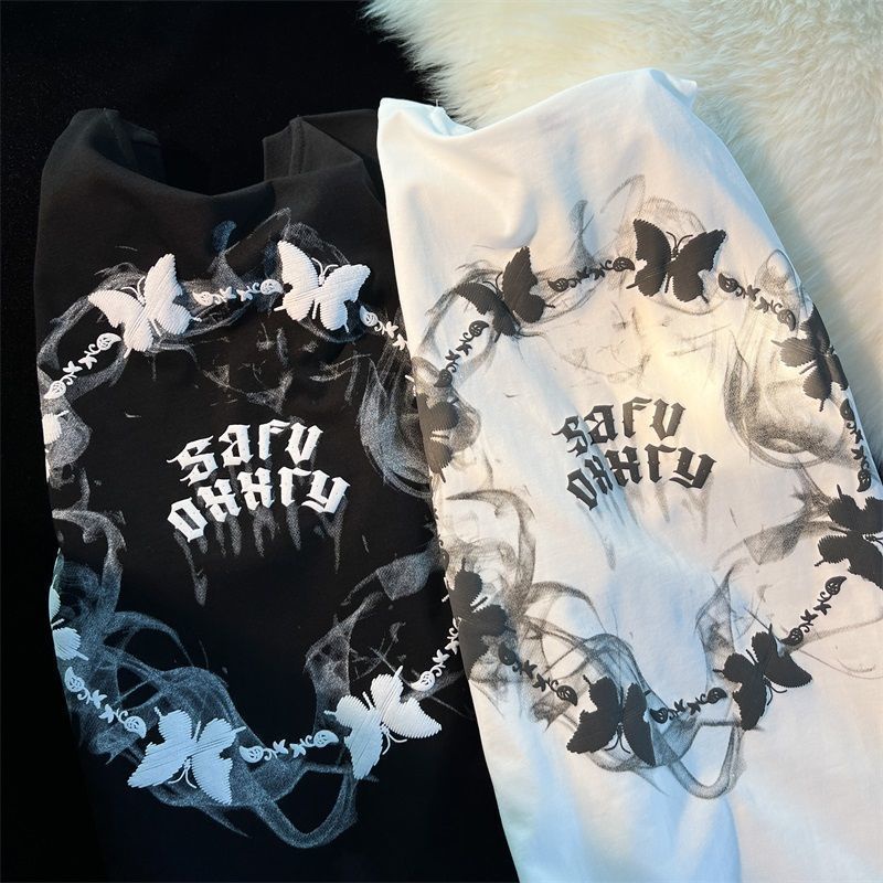 Áo Thun Tay Ngắn Dáng Rộng In Hình Bướm Khói Kiểu Đường Phố Mỹ Cá Tính Cho Nữ