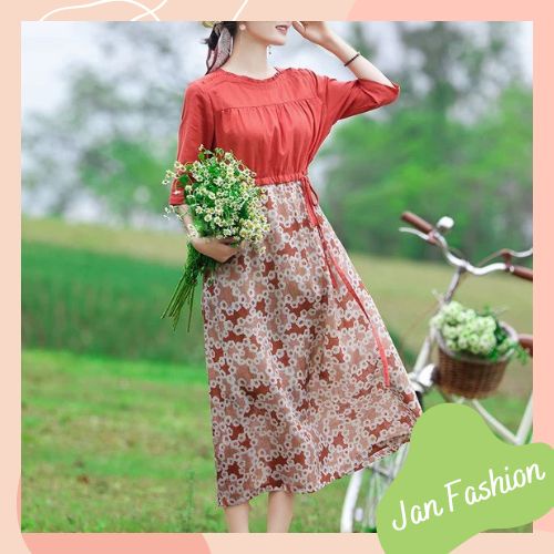 Váy liền thân hoa nhí màu đỏ cam tôn dáng, sáng da siêu nịnh